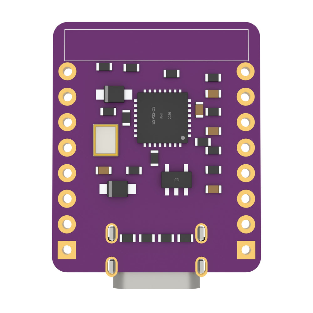 The back of the ESP32-C3 OLED board: the ESP32-C3 chip, the crystal, the regulator and small resistors, with a column of eight holes down each side.