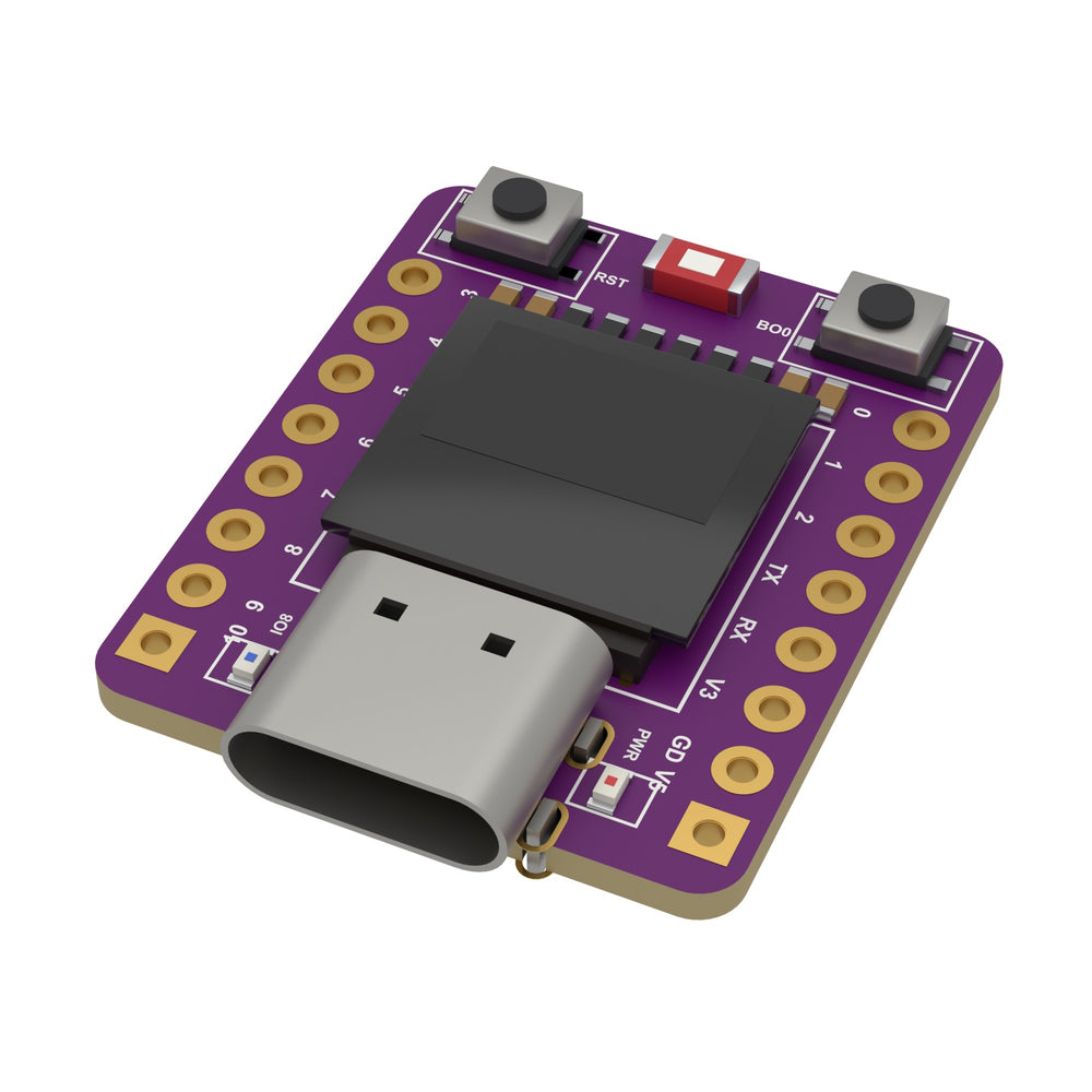 The ESP32-C3 OLED board from an oblique angle, the USB-C socket at the front and the display behind it.