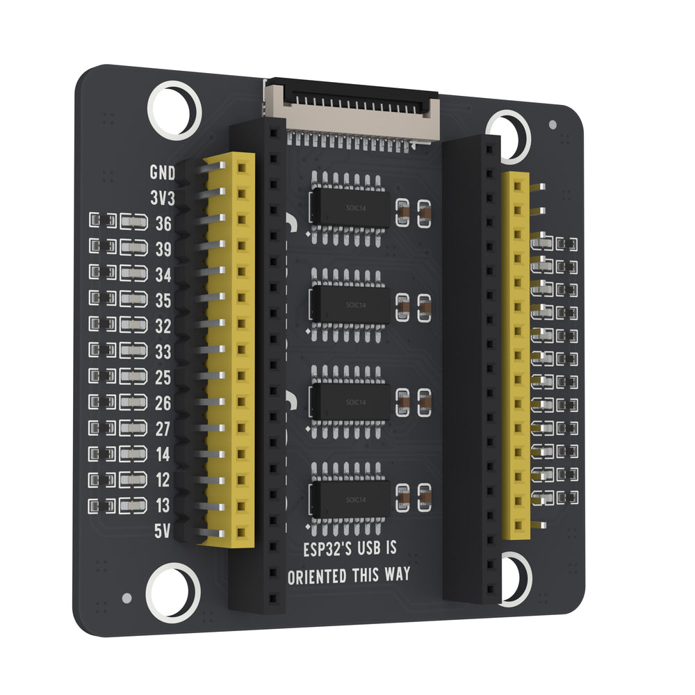 ESP32 PinPulse Shield swung 30 degrees away on its left edge