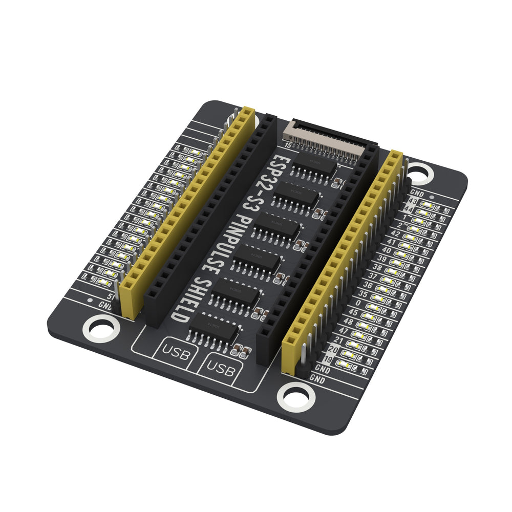 ESP32-S3 PinPulse Shield with 36 GPIO LEDs, angled view