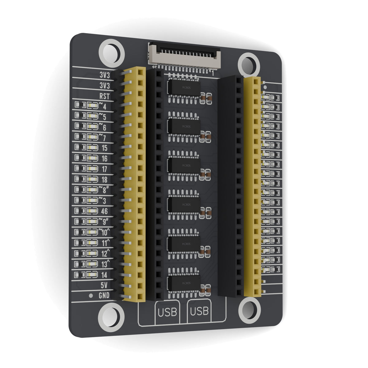 ESP32-S3 PinPulse Shield swung 30 degrees away on its left edge