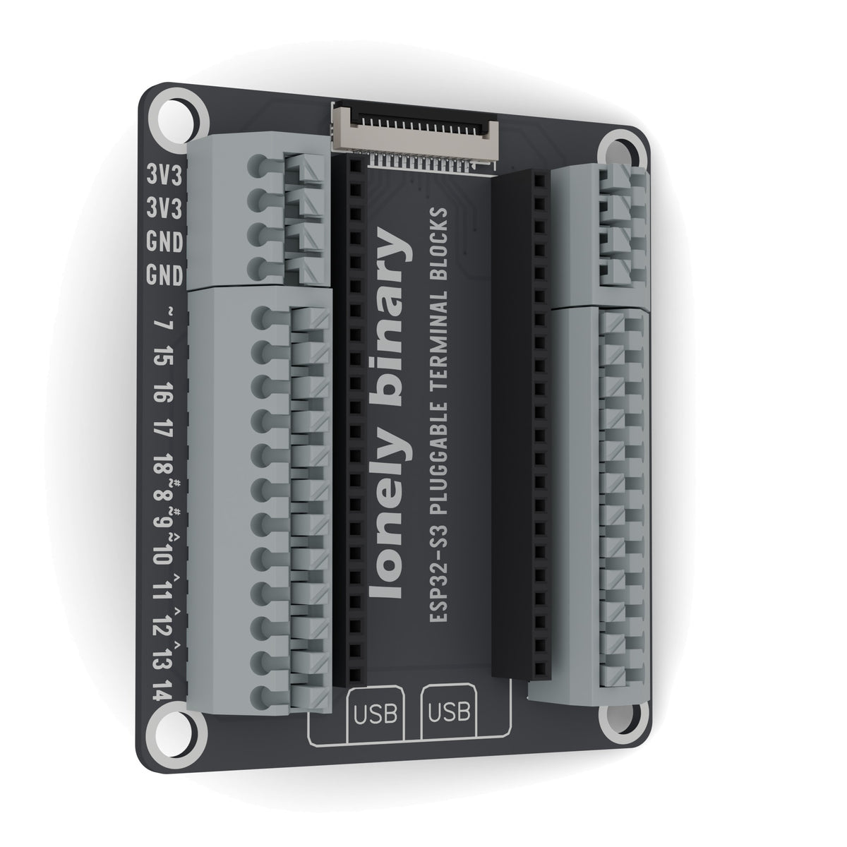 ESP32-S3 Pluggable Terminal Base swung 30 degrees away on its left edge