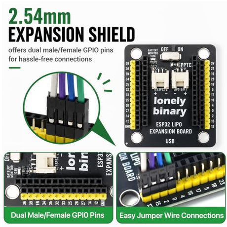 Lonely Binary 3-Pack ESP32 Development Board, LiPo UPS Charger, 3 Shields