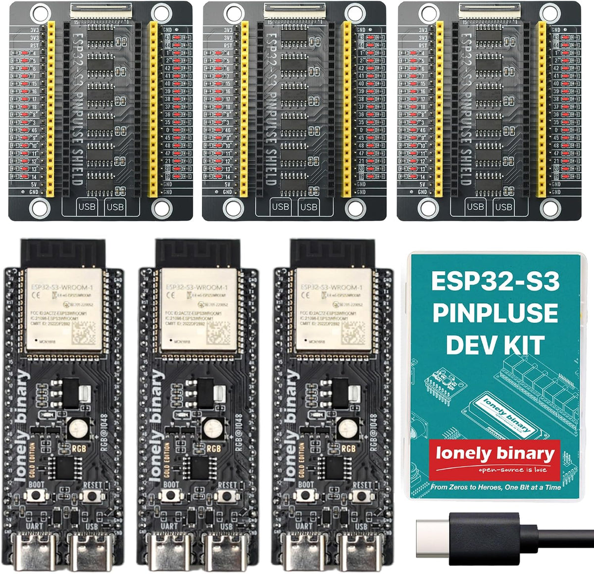 ESP32-S3 Gold Edition + PinPulse Shield, 3-Pack
