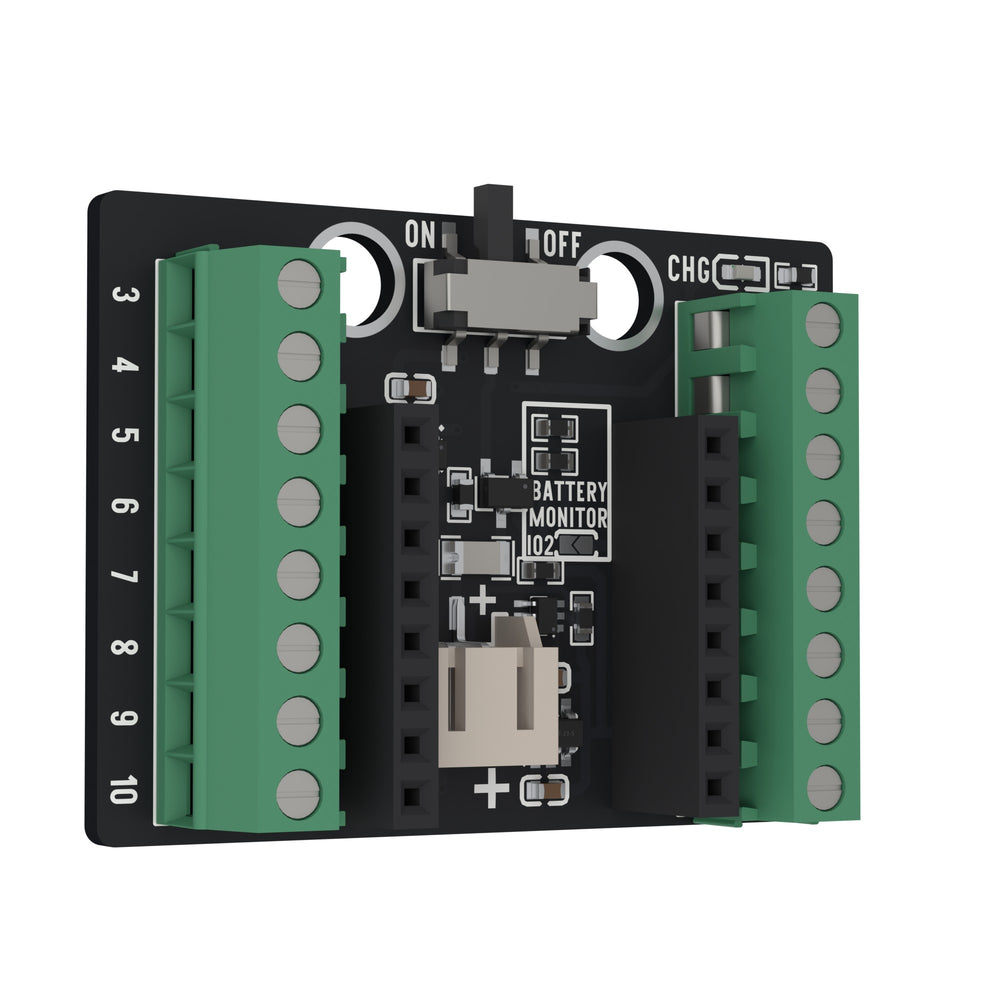 The ESP32-C3 OLED screw terminal base tilted away from the camera on its left edge.