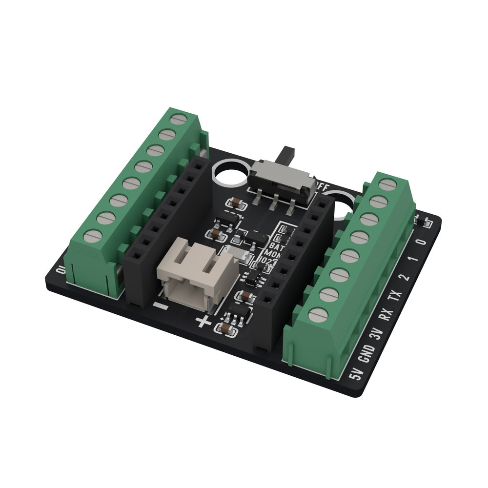 The ESP32-C3 OLED screw terminal base from an oblique angle, showing the two screw terminal blocks and the battery connector.