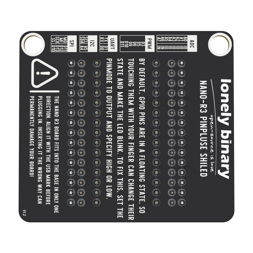 PinPulse LED shield for Nano, bottom view with pin map