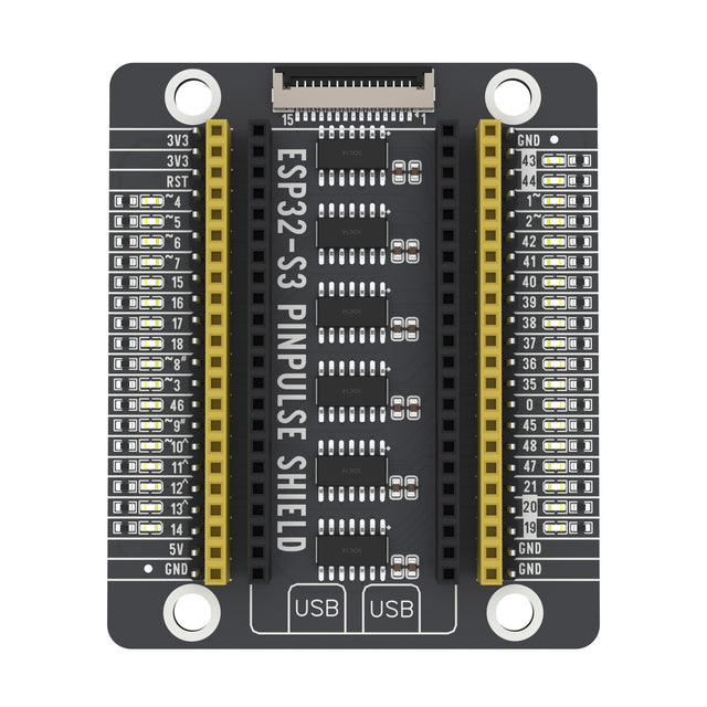 ESP32-S3 PinPulse Shield seen from above: GPIO labels, LEDs and display port