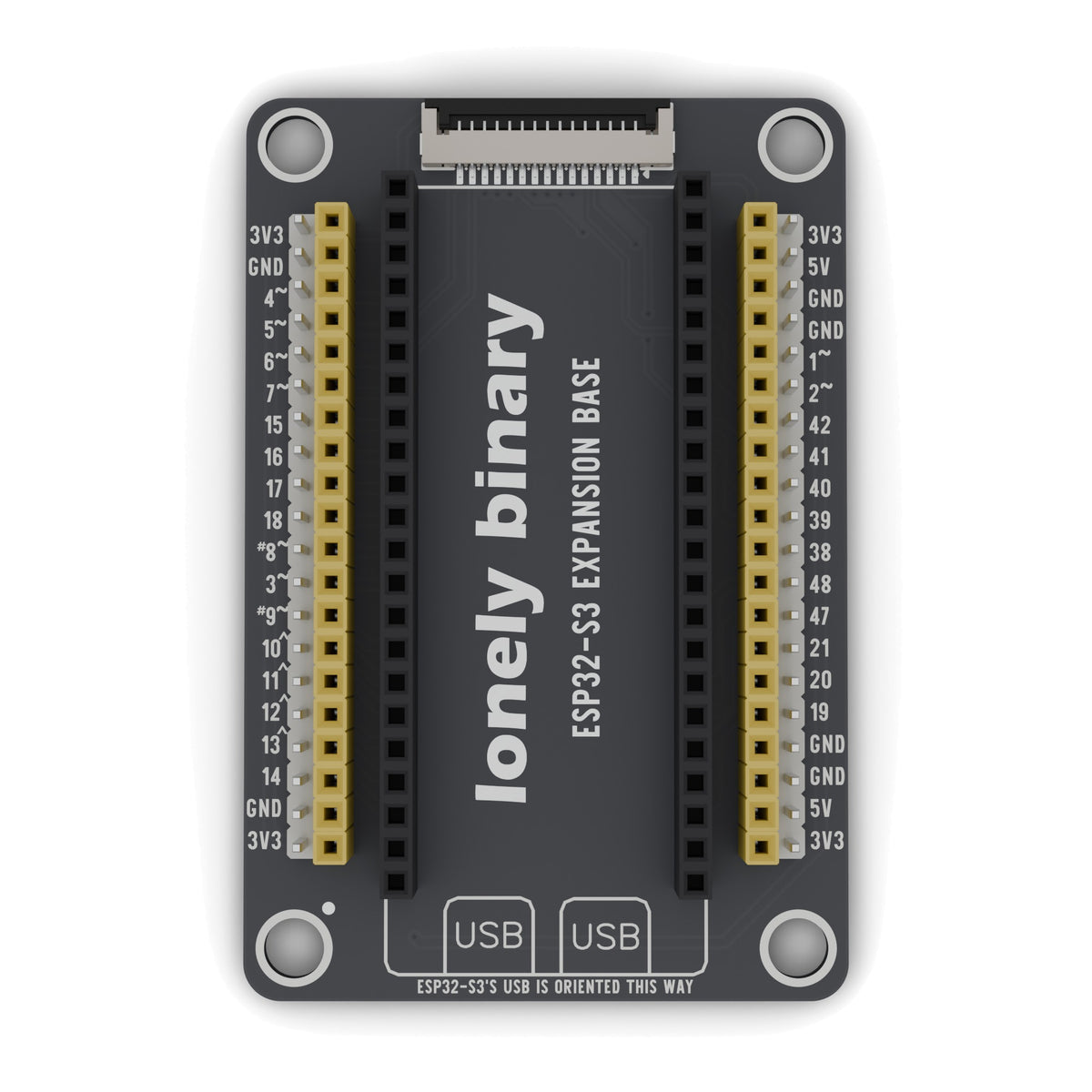 ESP32-S3 Expansion Base seen from above: yellow and white pin headers either side of the ESP32-S3 sockets