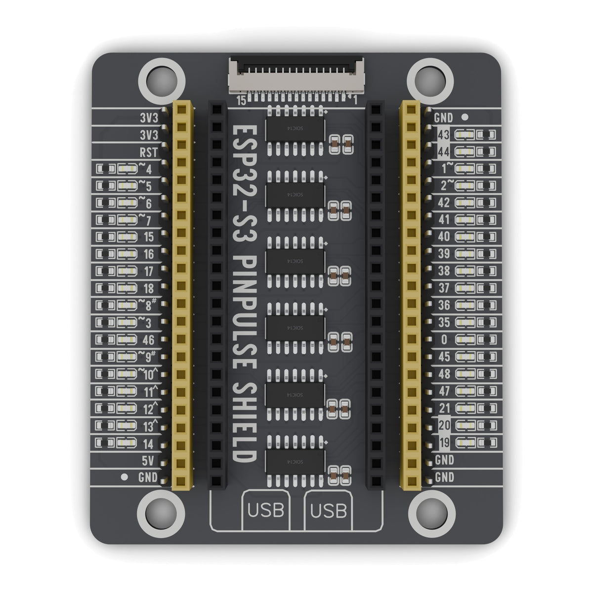 ESP32-S3 PinPulse Shield seen from above: GPIO labels, LEDs and display port