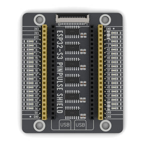 ESP32-S3 PinPulse Shield seen from above: GPIO labels, LEDs and display port