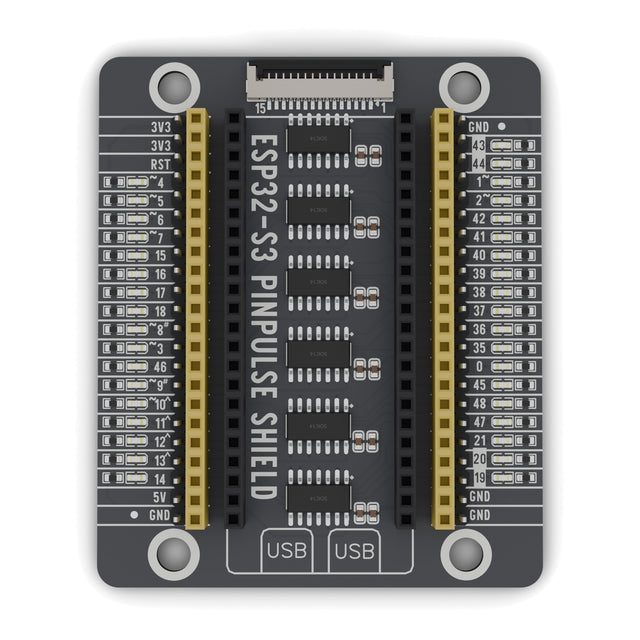ESP32-S3 PinPulse Shield seen from above: GPIO labels, LEDs and display port