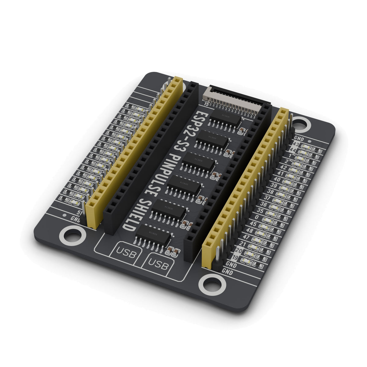 ESP32-S3 PinPulse Shield with 36 GPIO LEDs, angled view