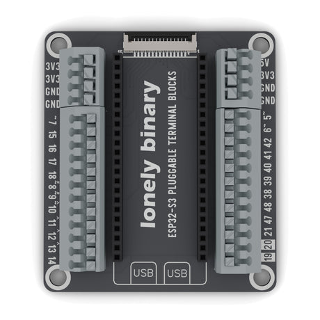 ESP32-S3 Pluggable Terminal Base seen from above: grey pluggable terminal blocks either side of the ESP32-S3 sockets